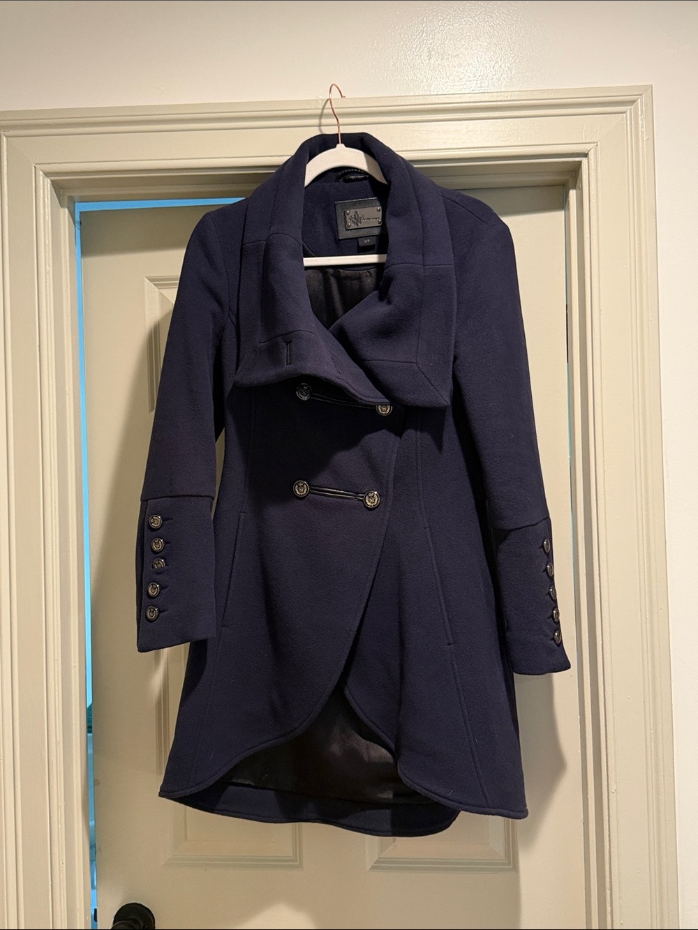 Mackage Wool Cashmere Asymmetric Draped Coat Slate Blue Leather Trim